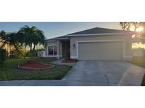 Inviting single-story home with a well-manicured lawn, mature palm tree, and a two-car garage at 7102 52Nd E Dr, Bradenton, FL 34203