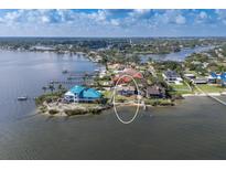 Stunning aerial view of waterfront property with lush landscaping and private dock at 5912 Riverview Ln, Bradenton, FL 34209