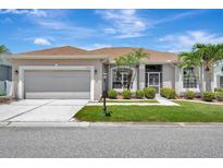 Charming single-story home featuring a well-manicured lawn, lush landscaping, and a two-car garage at 24512 Bramhope Ct, Punta Gorda, FL 33980
