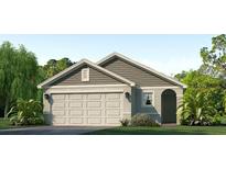 Charming single-Gathering home showcasing a two-car garage, manicured lawn, and stylish architectural details at 10725 Hidden Banks Gln, Parrish, FL 34219