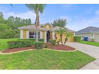 Inviting home featuring a well-maintained lawn, mature landscaping, and a two-car garage at 5618 Sheer Bliss Loop, Land O Lakes, FL 34639