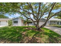 Charming single Gathering home with a large tree and a well-maintained lawn in a quiet neighborhood at 8413 Lincolnshire Dr, Hudson, FL 34667