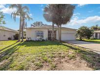 Charming single-story home with a well-manicured lawn and beautiful landscaping with mature palm trees at 4307 Manfield Dr, Venice, FL 34293