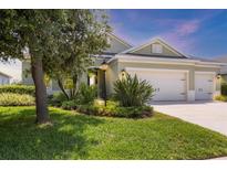 Charming single-story home showcasing lush landscaping, a well-manicured lawn, and an inviting three-car garage at 16943 Rosedown Gln, Parrish, FL 34219
