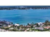 Breathtaking aerial view of waterfront home with tile roof surrounded by lush tropical landscaping and blue waters at 203 Robin Dr, Sarasota, FL 34236