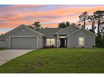 Charming single-story home with a well-manicured lawn and a two-car garage against a beautiful sunset sky at 4610 Clarke St, North Port, FL 34286