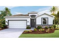 New construction home showcases a two-car garage, neutral paint, stone accents, and manicured landscaping at 12052 Kingsley Trl, Parrish, FL 34219