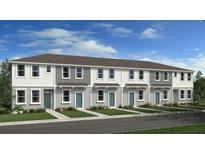 New modern townhomes featuring vertical siding, and individual covered entrances with light blue doors at 16546 San Nicola Pl, Bradenton, FL 34211