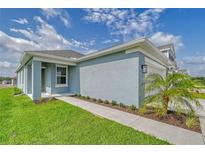 Beautiful single-story home with light-blue siding, a well-manicured lawn, and a palm tree in the front yard at 13136 Bayberry Way, Parrish, FL 34219