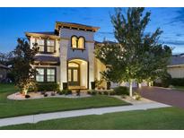 Stunning two-story home with a landscaped yard, illuminated by spotlights at twilight at 19351 Ranchview Ct, Land O Lakes, FL 34638