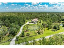 Stunning aerial view of a luxury home with a long driveway and serene pond at 20207 71St E Ave, Bradenton, FL 34211