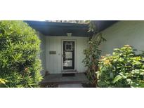 A home's inviting entrance with a secure door, framed by lush greenery on either side adding privacy and curb appeal at 120 Sw Monroe N Cir, St Petersburg, FL 33703