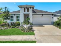 Beautiful single Gathering home features manicured lawn, neutral paint scheme, two car garage, and covered entryway at 6219 Golden Nettle Dr, Apollo Beach, FL 33572
