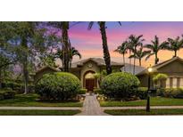 Stunning home exterior with lush landscaping, palm trees, and a beautiful walkway to the front door at sunset at 8999 Wildlife Loop, Sarasota, FL 34238