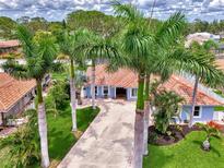 Charming blue home with a red tile roof, manicured lawn, and mature palm trees lining the driveway at 227 Monet Dr, Nokomis, FL 34275