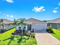 Charming single-story home with lush landscaping, palm trees, and a well-manicured lawn at 6120 115Th E Ave, Parrish, FL 34219