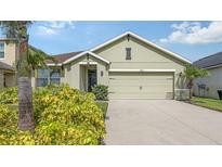 Charming one-story home with a two-car garage, front yard landscaping, and a welcoming entrance at 3813 Willow Branch Pl, Palmetto, FL 34221