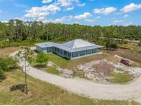This charming, light-blue home features a sprawling circular drive and a serene, wooded backdrop at 8146 Tropicaire Blvd, North Port, FL 34291