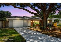 Charming single-story home featuring a long driveway and beautifully landscaped front yard with a mature shade tree at 528 Manor Dr, Dunedin, FL 34698