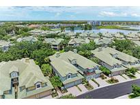 An aerial view of a beautiful neighborhood with green roofs and a lake in the background at 6536 Moorings Point Cir # 101, Lakewood Ranch, FL 34202