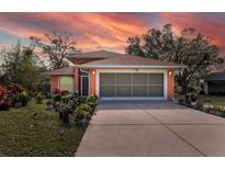 Front view of a single-story house with a two-car garage and well-maintained landscaping at 11907 De Leon Dr, North Port, FL 34287