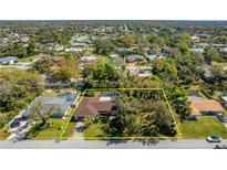 Expansive aerial view of home featuring large backyard, mature trees, and inviting swimming pool at 1150 Winston St, Port Charlotte, FL 33952