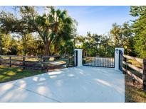 Ornate black gate opens to a long driveway, with lush landscaping and wooden fencing at 17221 Elder Ave, Port Charlotte, FL 33954