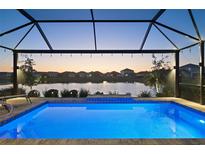 Screened pool with lake view and string lights at 10112 Canaveral Cir, Sarasota, FL 34241
