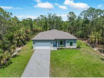 New construction home featuring a paved driveway and attached garage surrounded by a lush green lawn and mature trees at 368 Manly St, Port Charlotte, FL 33953