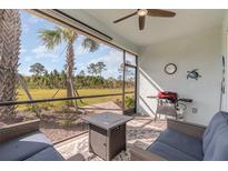 Relaxing screened patio with comfortable seating, grill, ceiling fan, and expansive view of the yard and native landscape at 43914 Blue Heron Ln, Punta Gorda, FL 33982