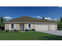 Charming single-story home with a manicured lawn, three-car garage, and decorative shutters at 2518 Hemet St, North Port, FL 34288