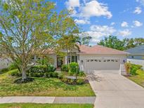 Charming single-story home featuring a two-car garage, lush landscaping, and a well-manicured lawn at 7344 Arrowhead Run, Lakewood Ranch, FL 34202