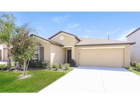 Well-maintained, single-story home with a two-car garage, manicured lawn, and fresh landscaping at 10204 Carloway Hills Dr, Wimauma, FL 33598