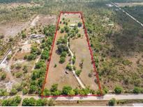 Expansive aerial view of a large lot with a defined red boundary and a few structures and mature trees at 47350 Bermont Rd, Punta Gorda, FL 33982
