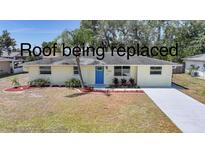 Inviting single-story home featuring a vibrant blue front door, well-maintained lawn, and lovely landscaping at 20215 Macon Ln, Port Charlotte, FL 33952