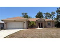Charming single-story home featuring a well-maintained lawn, mature palm tree, and inviting front entrance at 1488 Squaw Ln, North Port, FL 34286