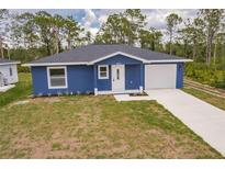 Charming blue single-story home with a well-maintained lawn and attached garage at 27444 Corinthian Dr, Punta Gorda, FL 33955