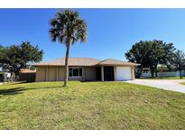 Charming single-story home featuring a well-manicured lawn and a majestic palm tree in the front yard at 10112 Willmington Blvd, Englewood, FL 34224