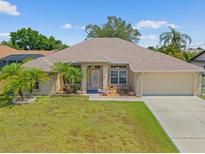 Charming one-story home featuring a well-maintained lawn and a welcoming entrance with decorative palm trees at 27038 San Jorge Dr, Punta Gorda, FL 33983