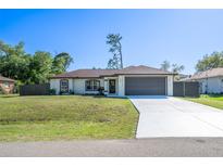 Charming single-Gathering home with a well-maintained lawn and a two-car garage under a clear blue sky at 2405 Mistleto Ln, North Port, FL 34286
