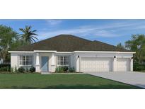 Charming one-story home with a three-car garage, manicured lawn, and classic architectural details at 9453 Fruitland Ave, Englewood, FL 34224
