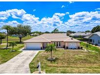 Charming single-story home with a well-manicured lawn and a beautiful blue sky backdrop at 25379 Paladin Ln, Punta Gorda, FL 33983