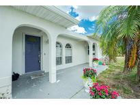 Inviting front porch featuring a stylish blue door and decorative planters, creating a welcoming entrance to the home at 6103 Fabian Rd, North Port, FL 34287