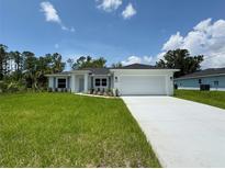 Beautiful one-story home featuring a well-manicured lawn and a classic, neutral-toned facade at 8687 Lisa Blvd, North Port, FL 34288