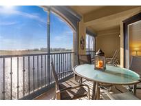Relaxing screened-in balcony featuring a table and chairs with serene views of the water and landscape at 99 Vivante Blvd # 303, Punta Gorda, FL 33950