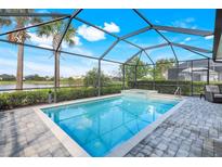 Screened-in pool and spa with a view of the lake at 43249 Treadway Dr, Punta Gorda, FL 33982