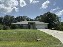 Single story home with a manicured lawn, a gray roof, and a two car garage in a suburban setting at 1609 Log Ln, North Port, FL 34286