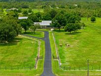 Stunning aerial view of an expansive property with a long driveway, horses, and lush green pastures at 5221 Blackjack Cir, Punta Gorda, FL 33982