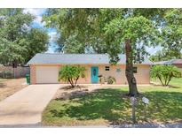 Charming single Gathering home featuring a well maintained lawn, landscaping, and a bright, welcoming blue front door at 1053 Yarmouth St, Port Charlotte, FL 33952