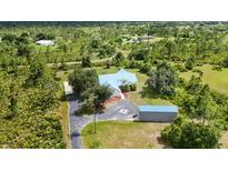 Expansive property with a light blue-roofed house, storage shed, and asphalt driveway surrounded by lush greenery at 5950 Cypress Grove Cir, Punta Gorda, FL 33982
